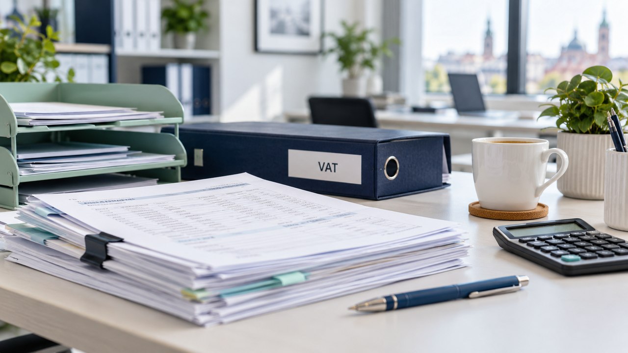 Segregator VAT, dokumenty księgowe i kalkulator na biurku.