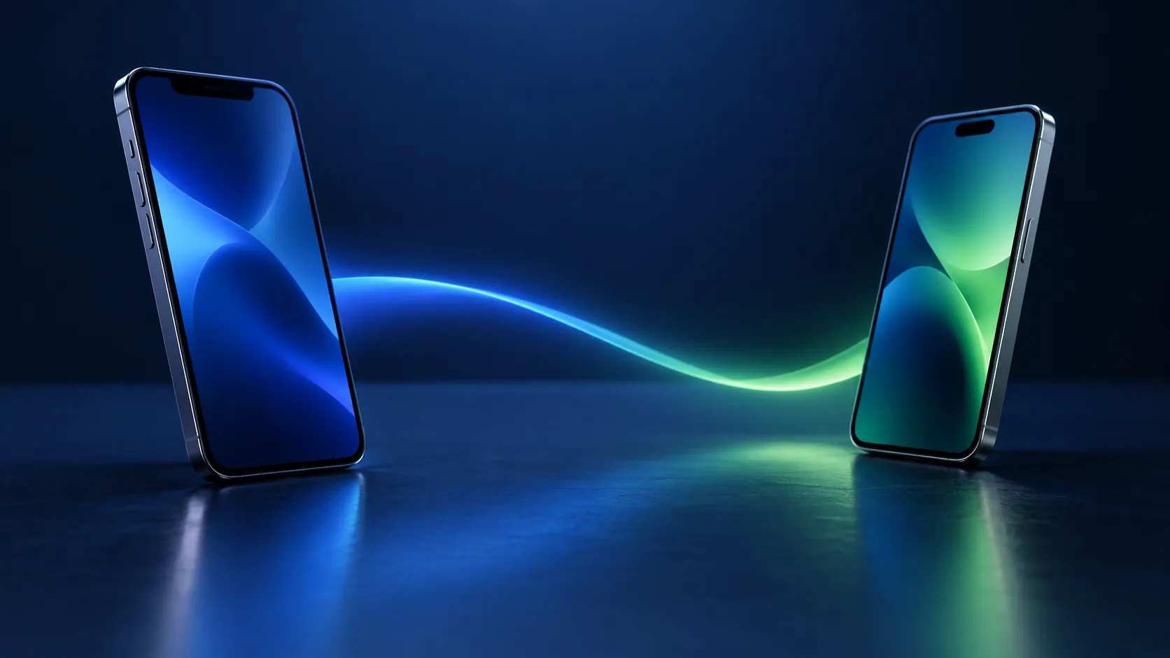 Dwa telefony połączone świetlną linią symbolizującą przelew