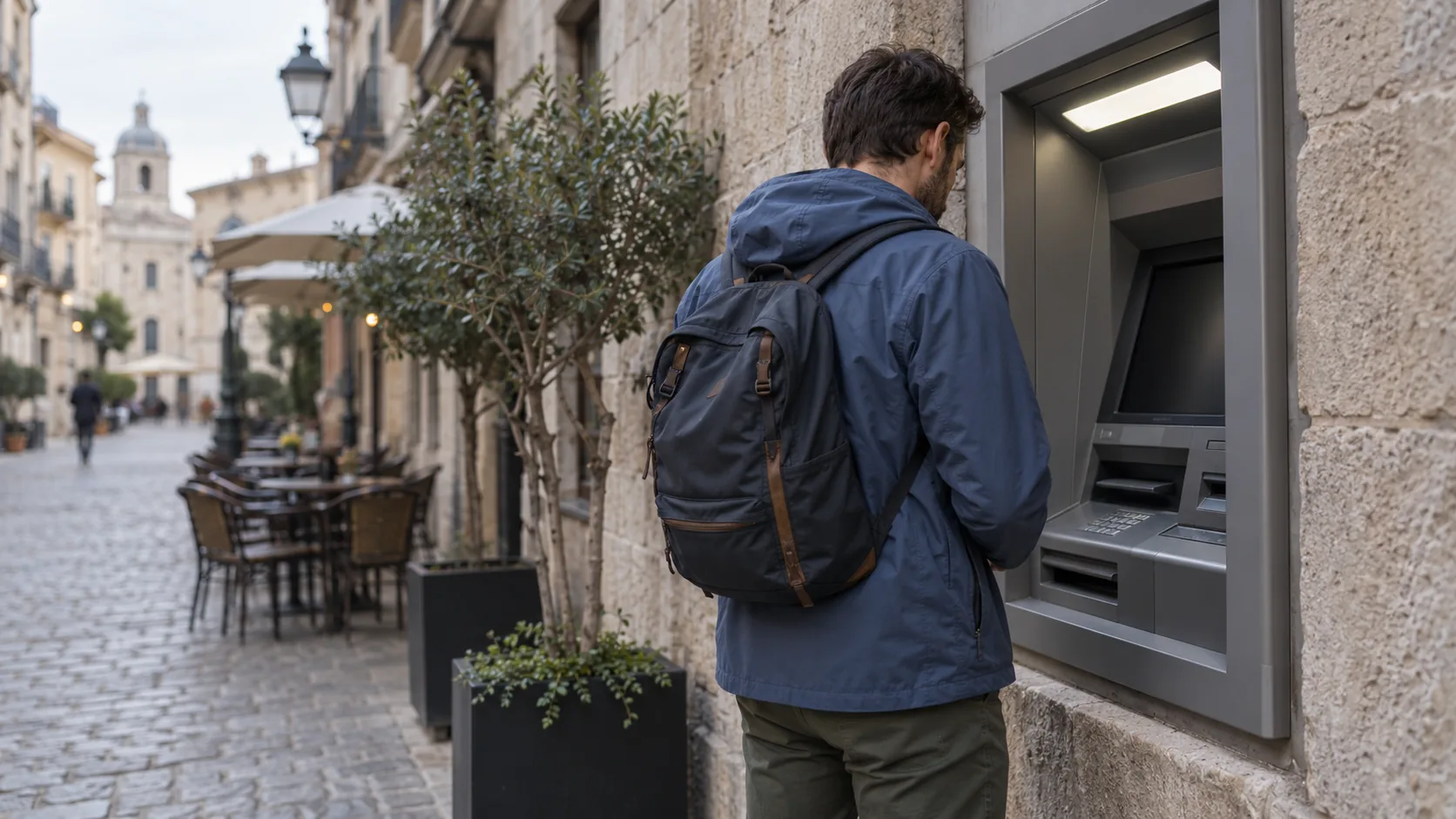 Podróżny korzystający z bankomatu na europejskiej ulicy
