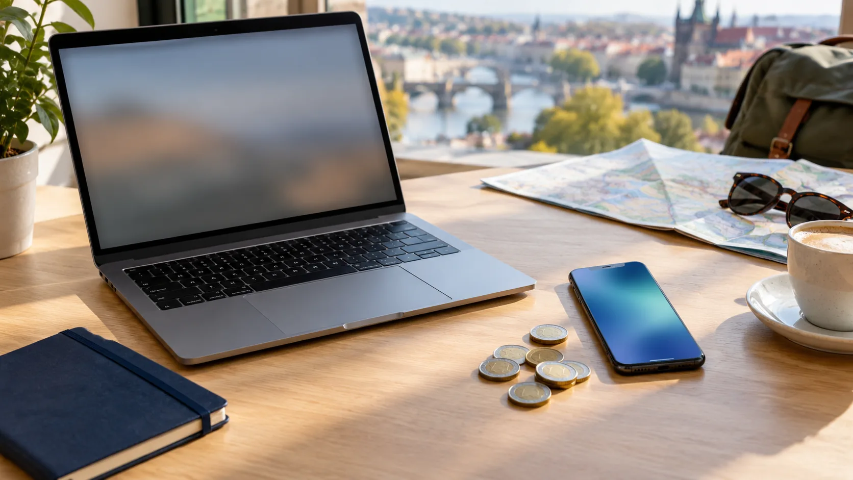 Laptop, telefon i monety na jasnym biurku