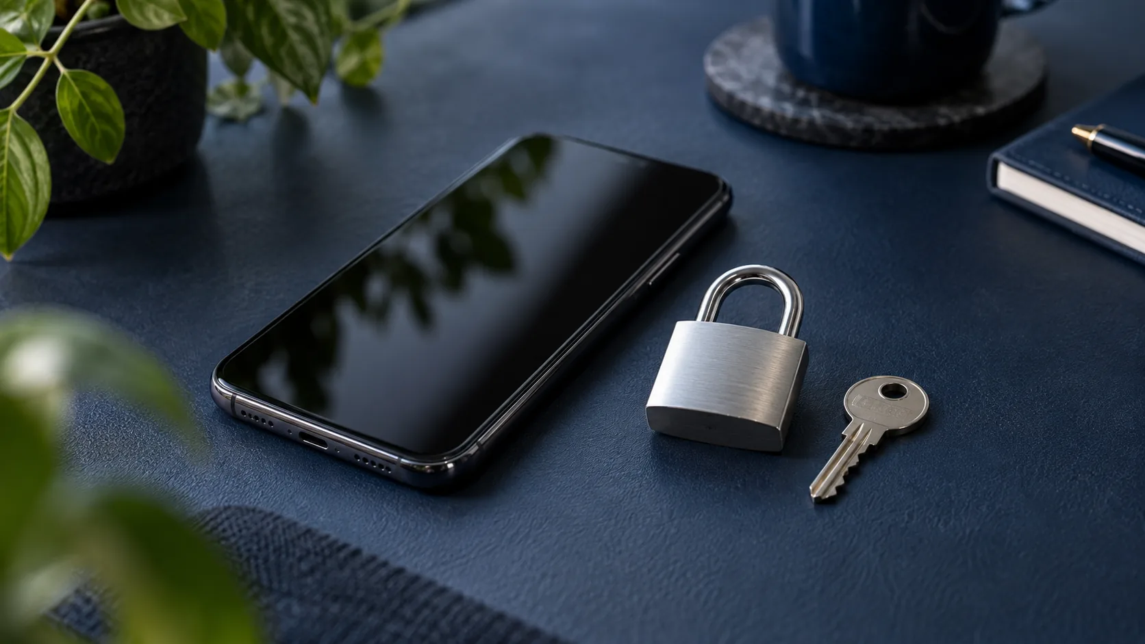 Telefon z ciemnym ekranem obok metalowej kłódki i klucza
